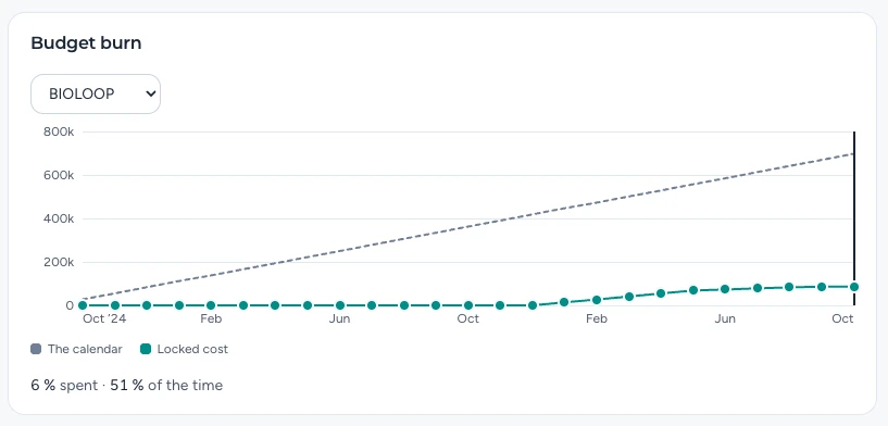 Budget burn: locked cost month by month against the line of the calendar, the share spent beside the share of time