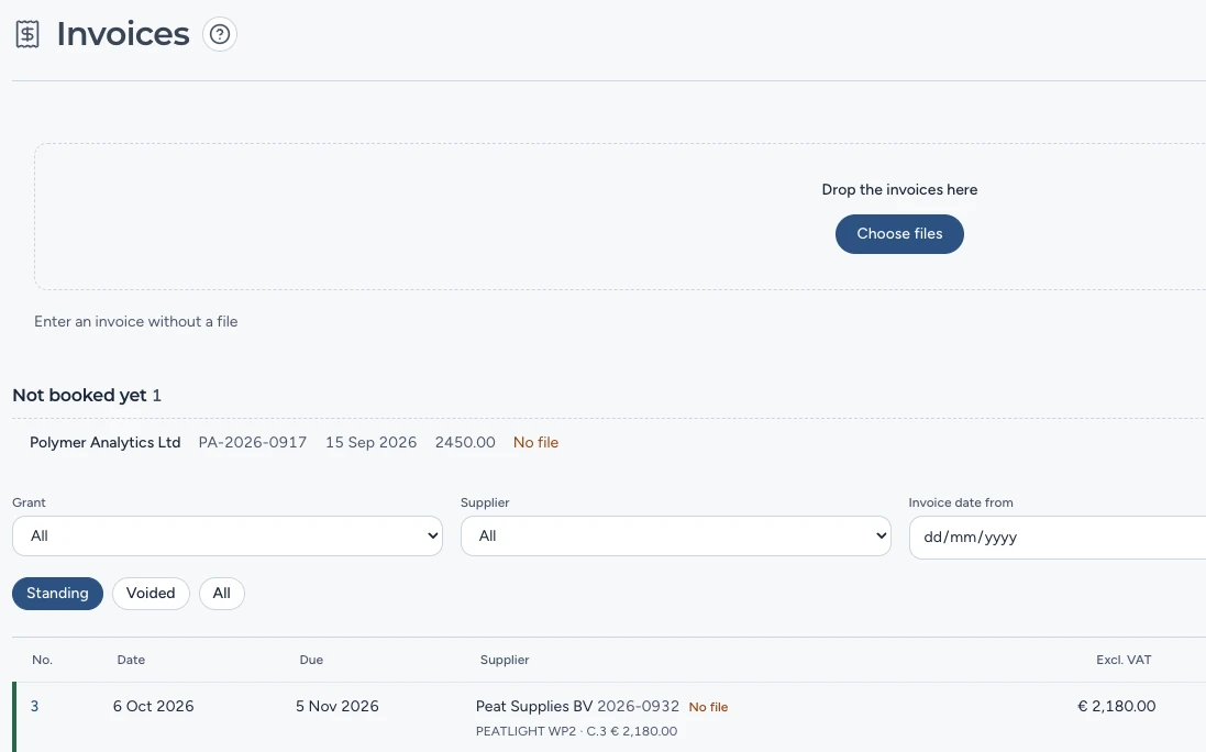 Invoices: the drop zone for the files, a draft not booked yet, the register beneath