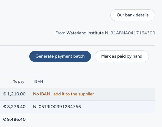 Payments: the account it is paid from, Generate payment batch, and each invoice’s IBAN — or what is missing